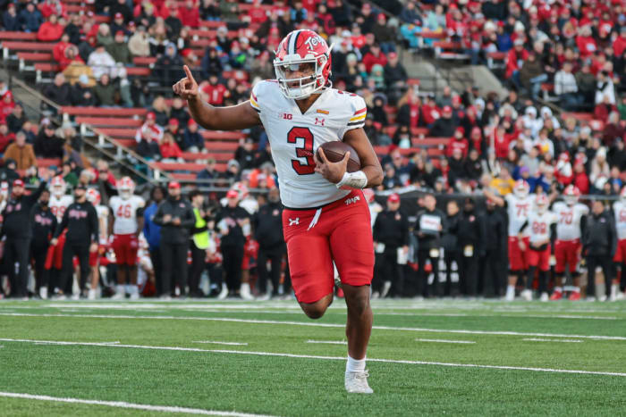 Taulia Tagovailoa during Maryland’s 42–24 win over Rutgers on Nov. 25, 2023.
